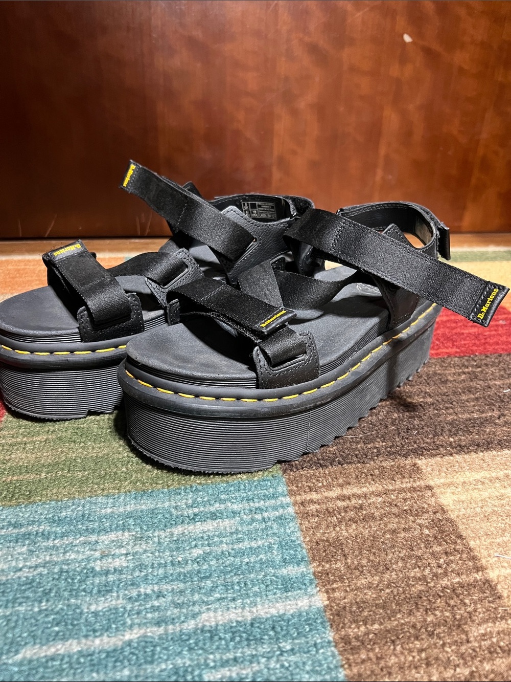 Dr. Martens Black Platform Strappy Sandals with Yellow Stitching